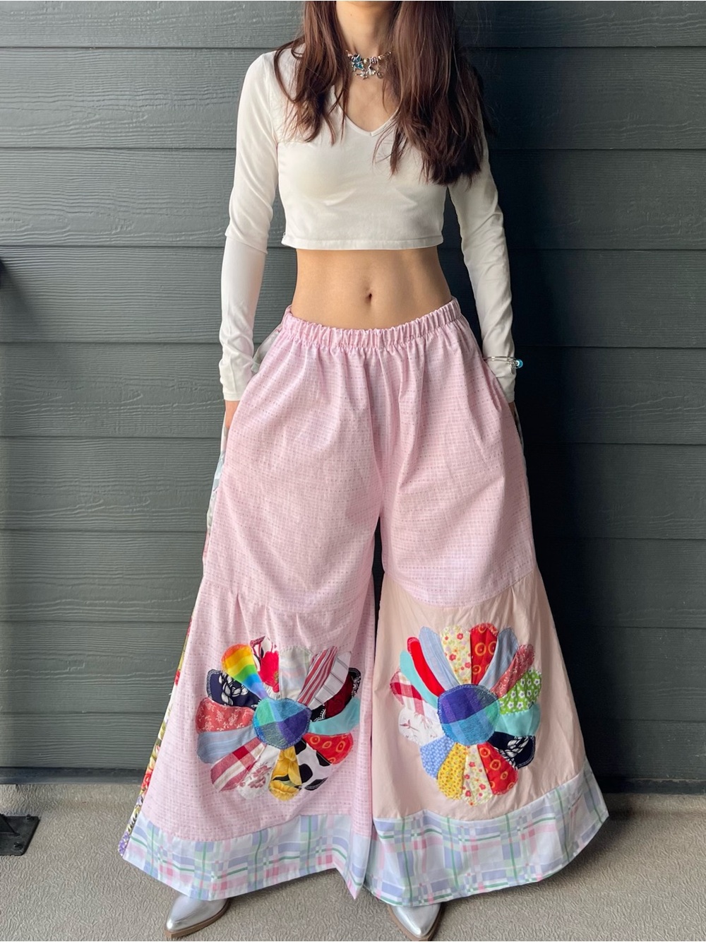 Bloom Patch | Handmade Patchwork Flower Flare Pants With Pockets | SKU 08031
